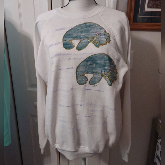 90's Sweatshirt Women's X-Large White Hanes DIY Art Hand Painted Double Manatees - Picture 1 of 6